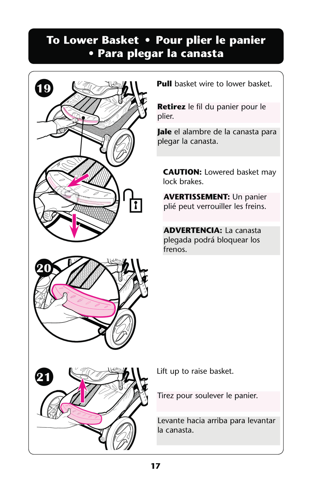 Graco PD137548B owner manual To Lower Basket Pour plier le panier Para plegar la canasta 