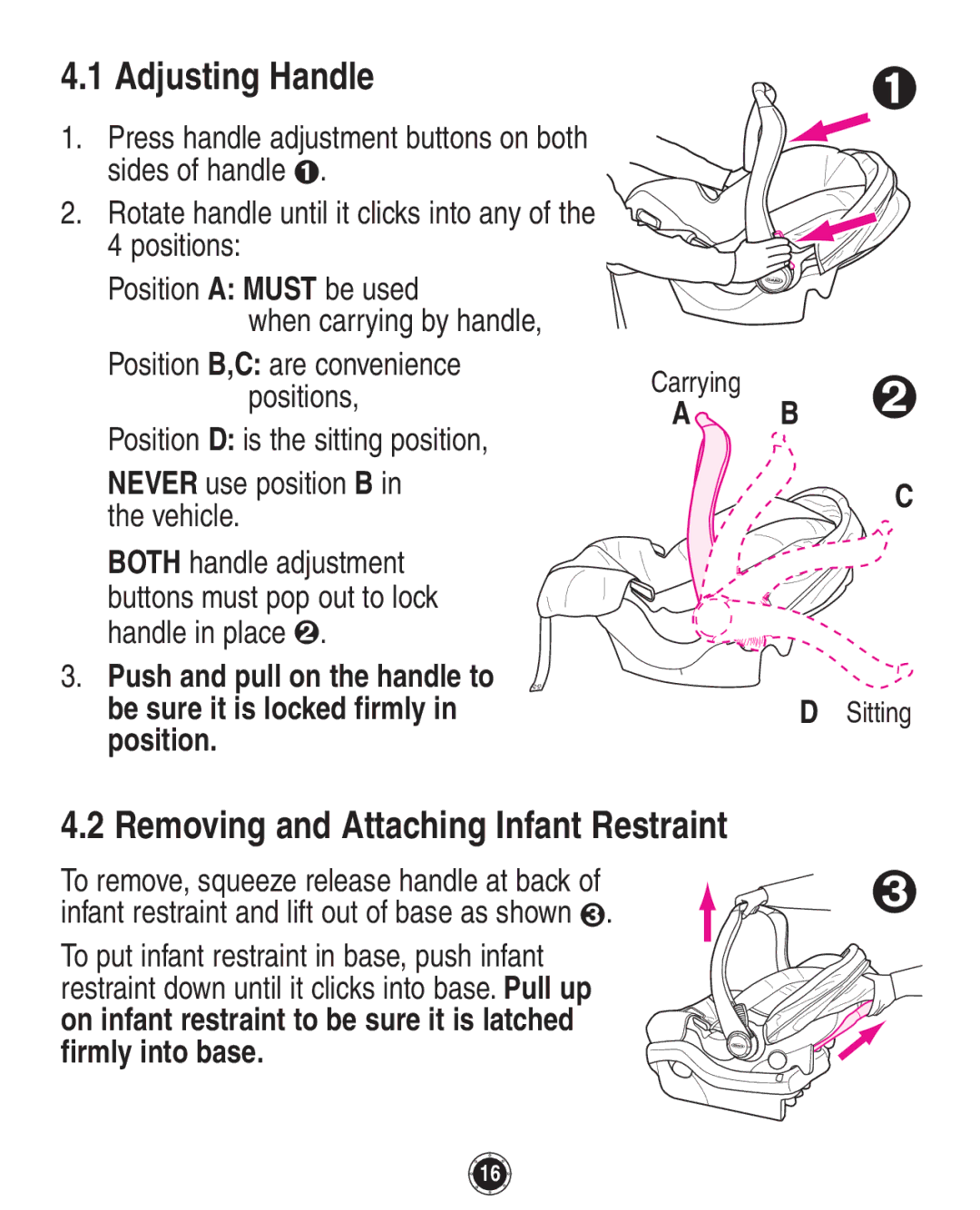 Graco PD137548B owner manual Adjusting Handle, Removing and Attaching Infant Restraint 