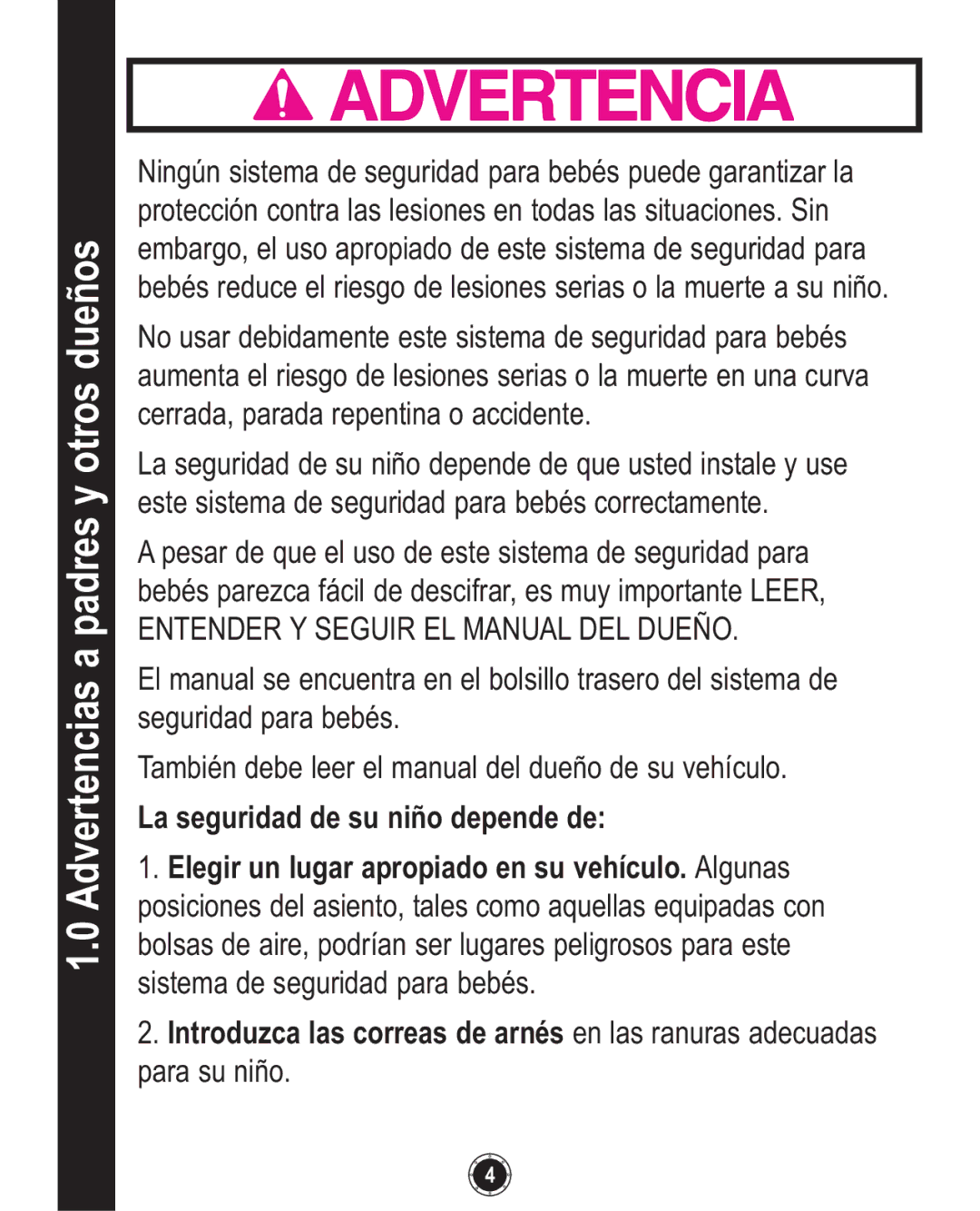 Graco PD137548B owner manual Advertencias a padres y otros dueños, Entender Y Seguir EL Manual DEL Dueño 