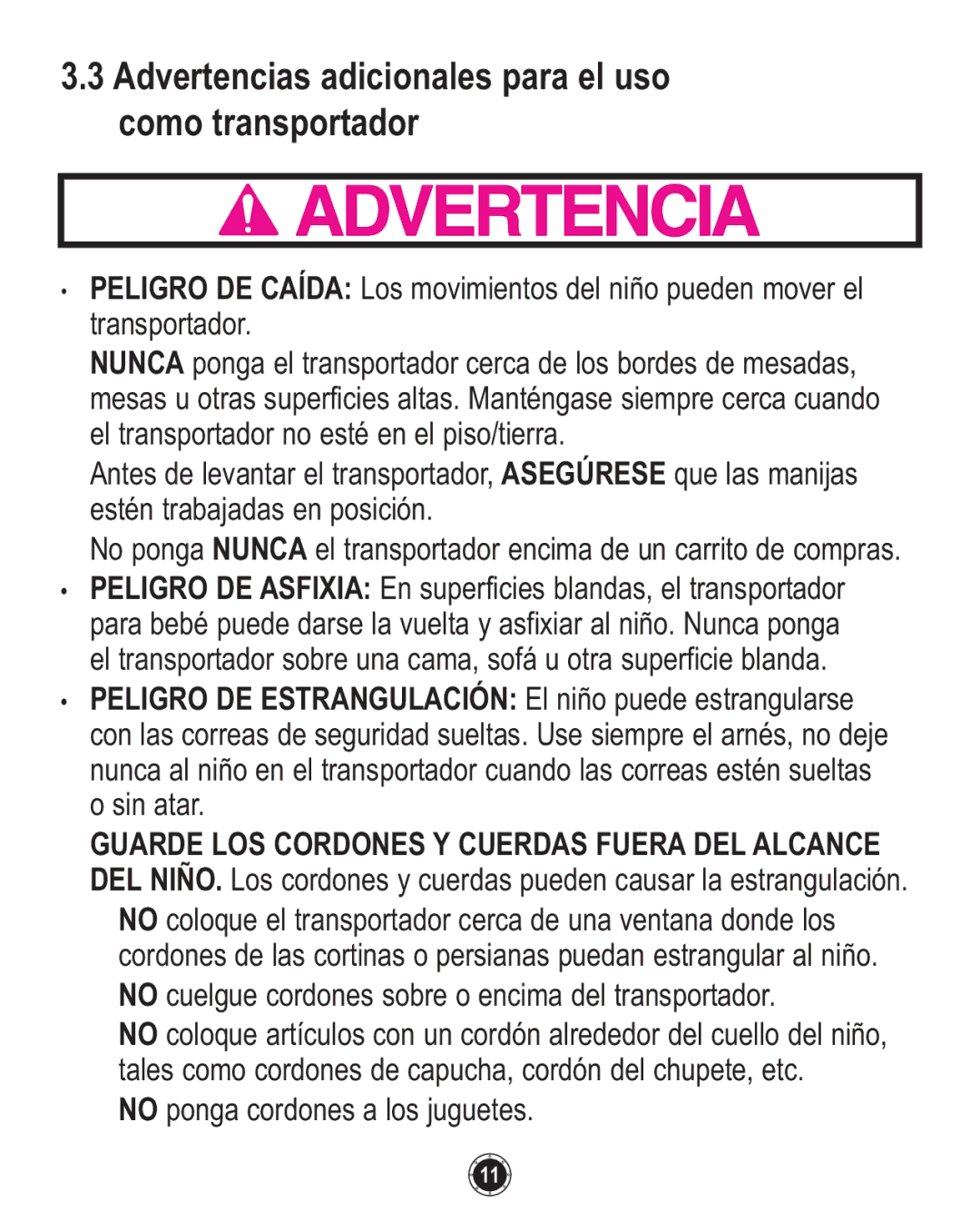 Graco PD137548B owner manual Advertencias adicionales para el uso como transportador 