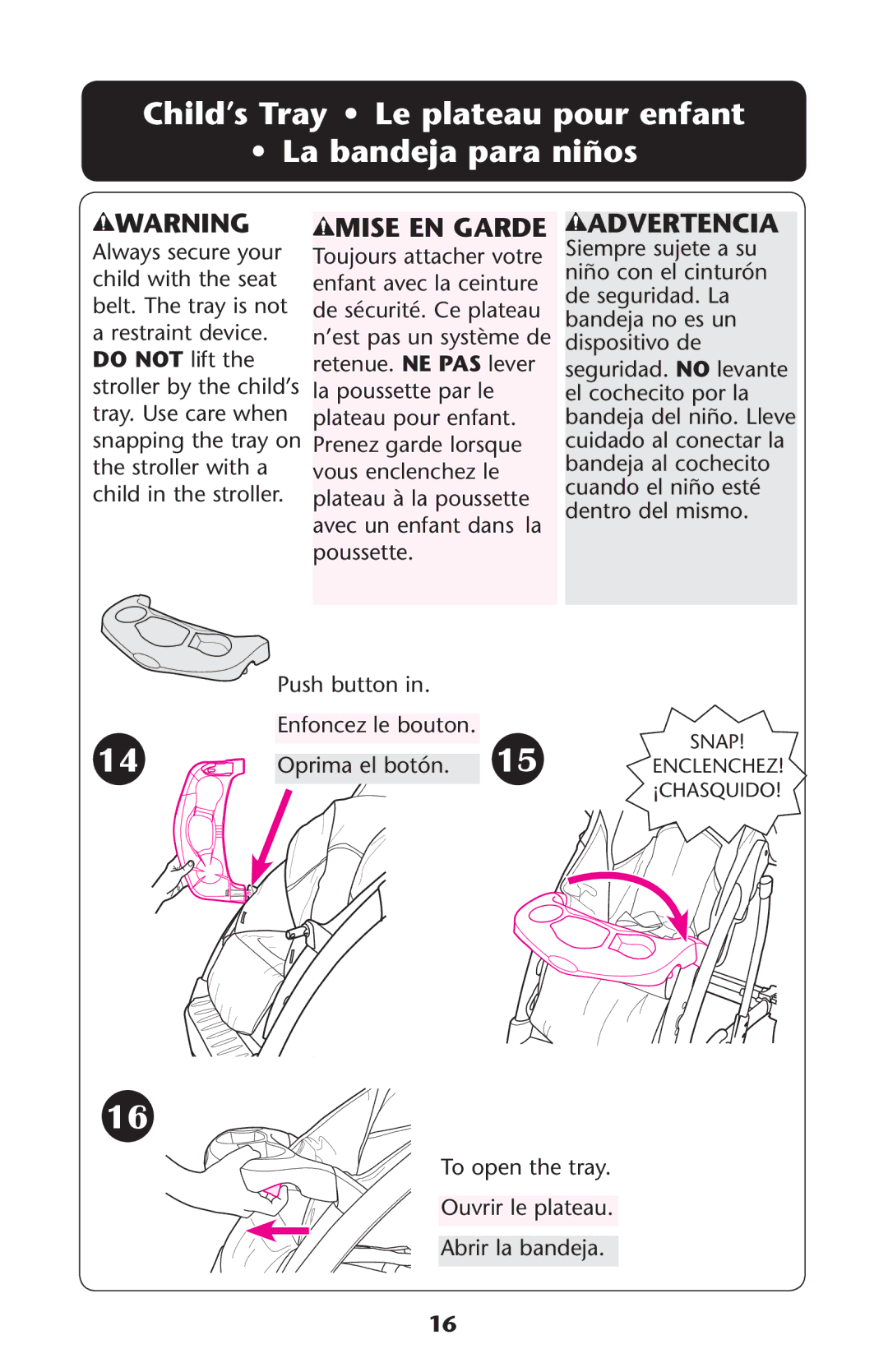 Graco PD147137A, 1769847 owner manual Child’s Tray Le plateau pour enfant La bandeja para niños 