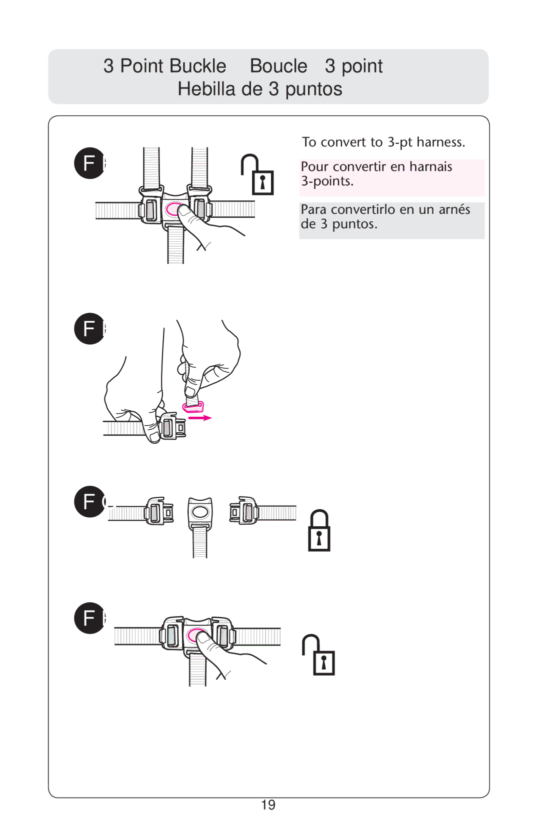 Graco 1769847, PD147137A owner manual Point Buckle Boucle à 3 point Hebilla de 3 puntos 