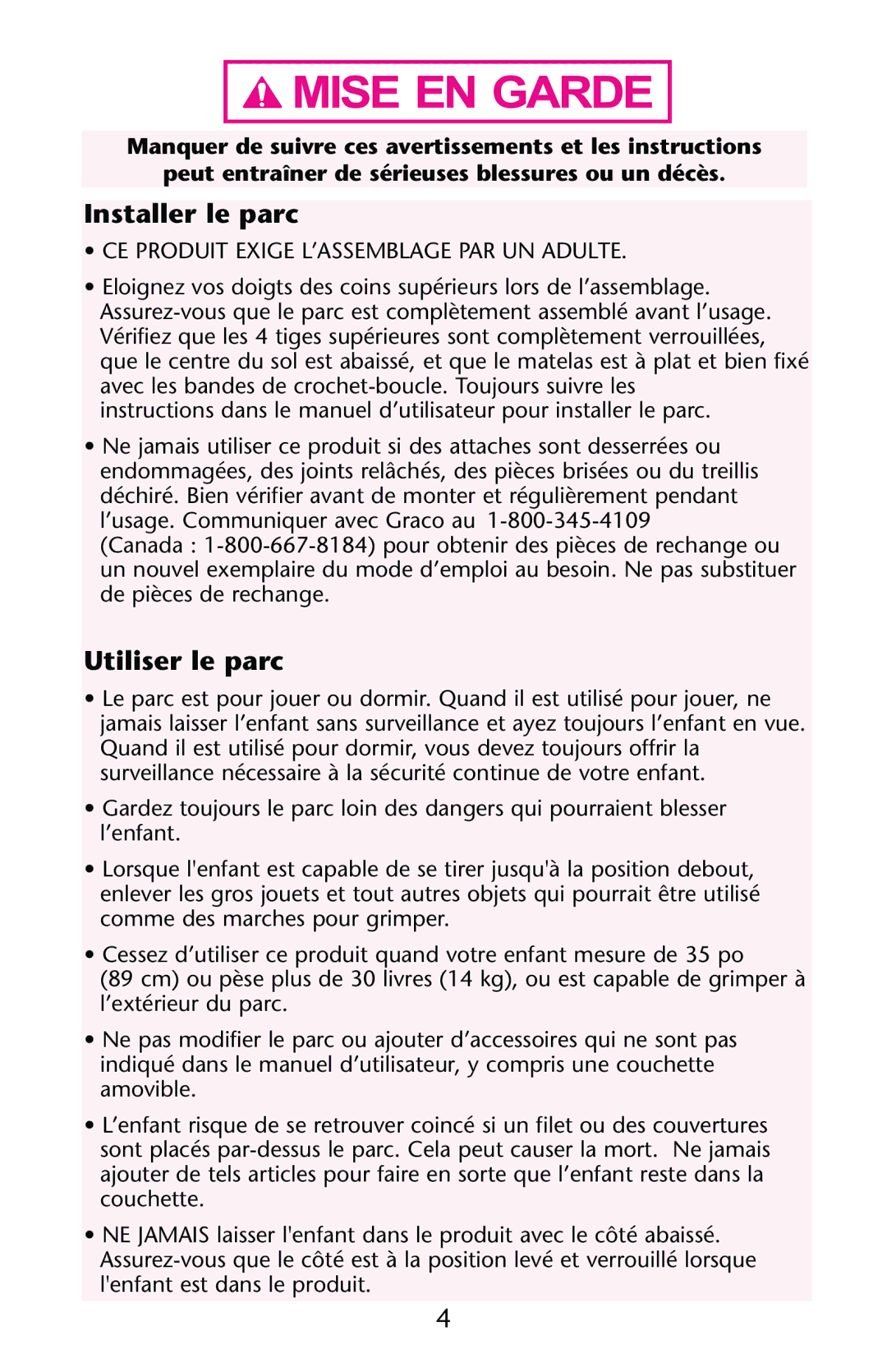 Graco PD147439C owner manual Installer le parc, CE Produit Exige L’ASSEMBLAGE PAR UN Adulte 