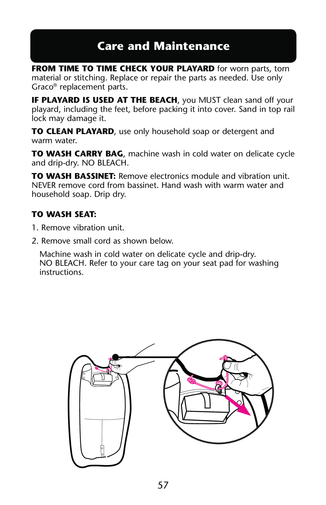 Graco PD147439C owner manual Care and Maintenance, To Wash Seat 