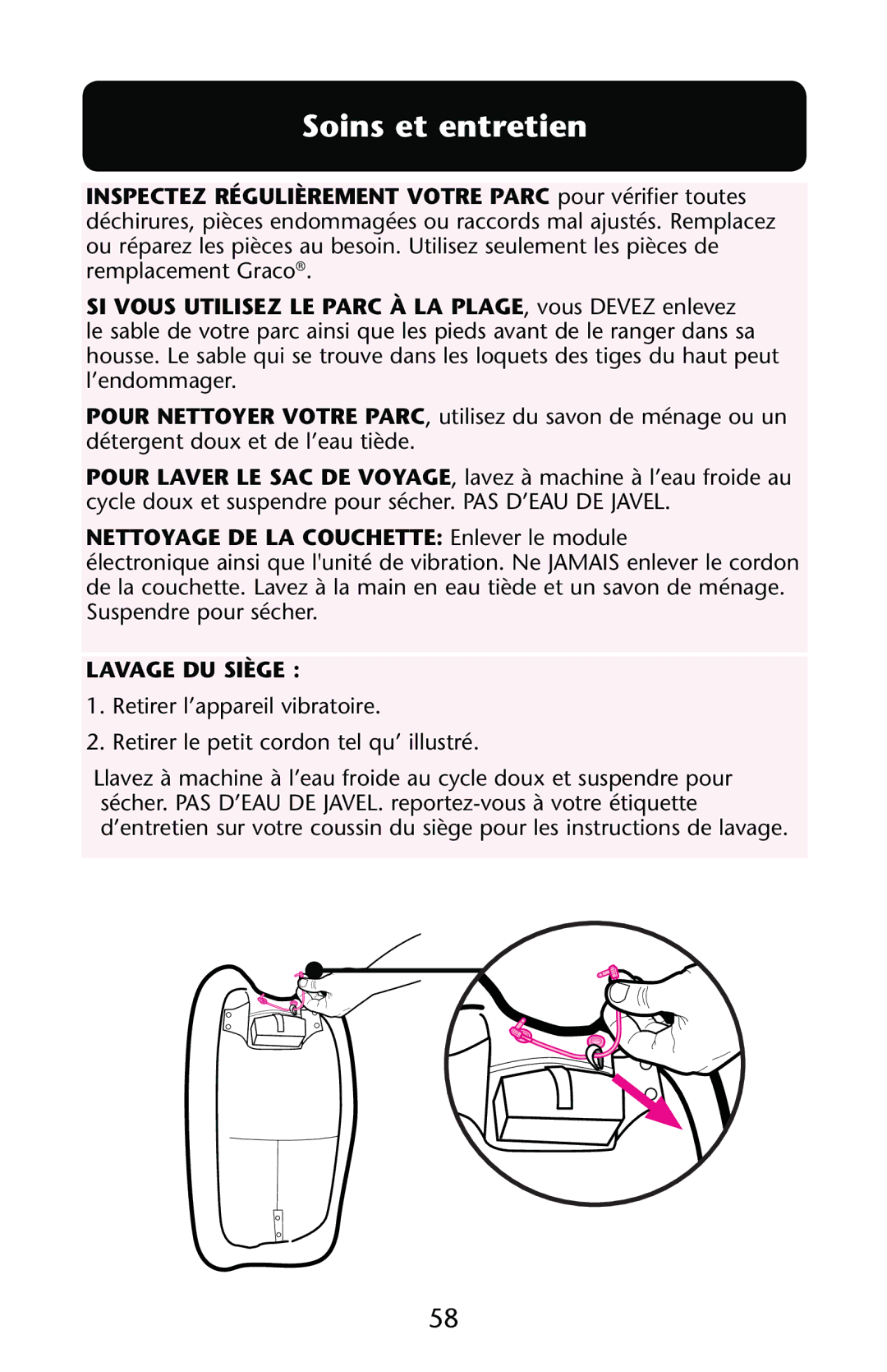 Graco PD147439C owner manual Soins et entretien, Nettoyage DE LA Couchette Enlever le module 