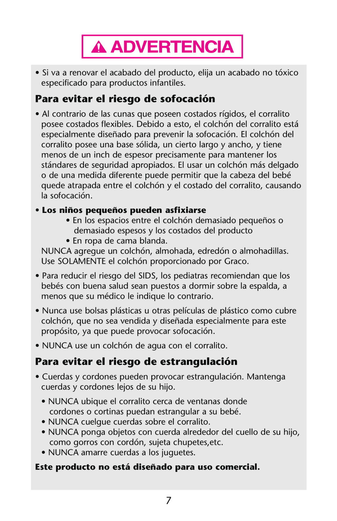 Graco PD147439C owner manual Los niños pequeños pueden asfixiarse, Este producto no está diseñado para uso comercial 