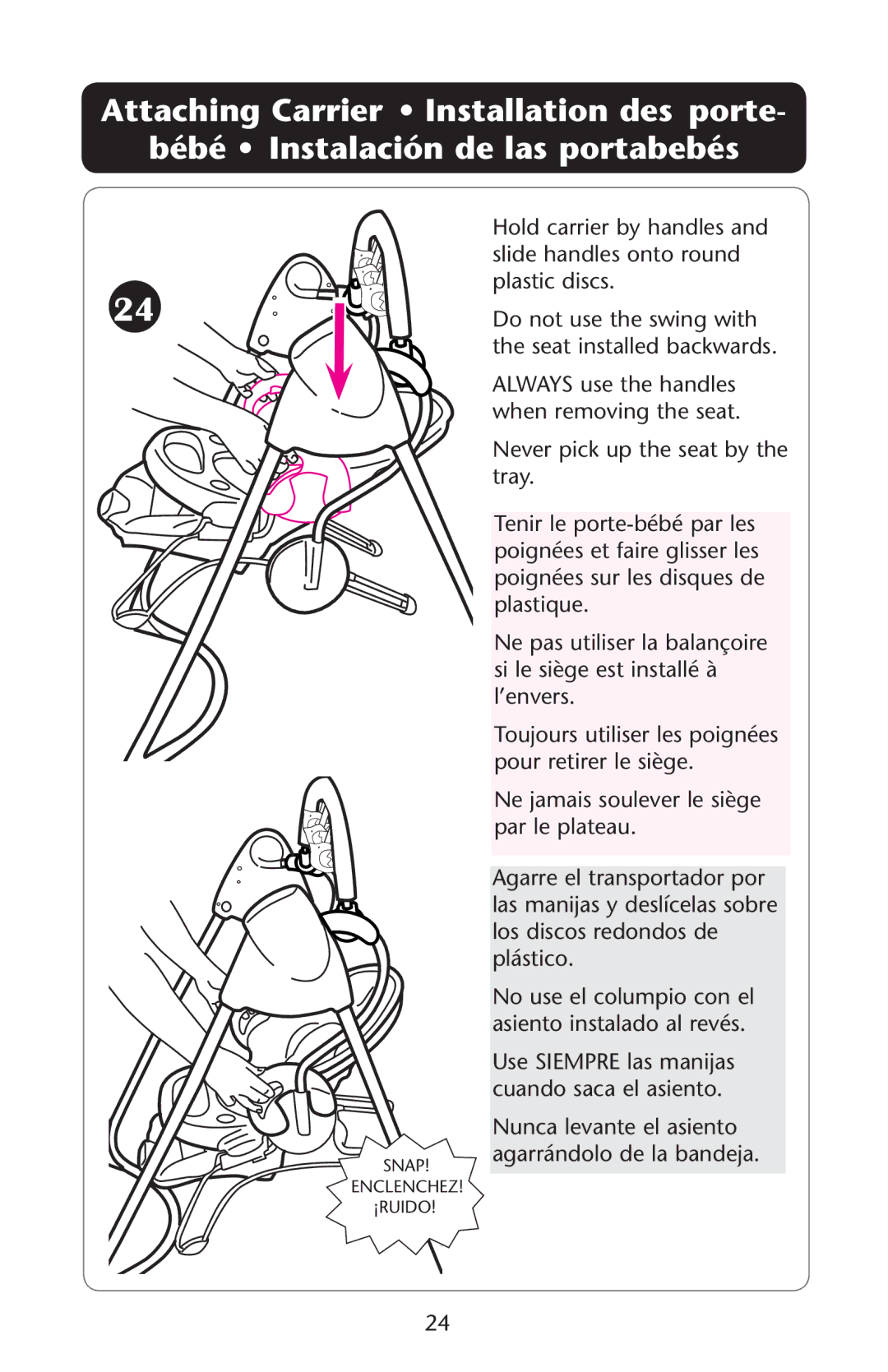 Graco PD150904A owner manual Nunca levante el asiento agarrándolo de la bandeja 