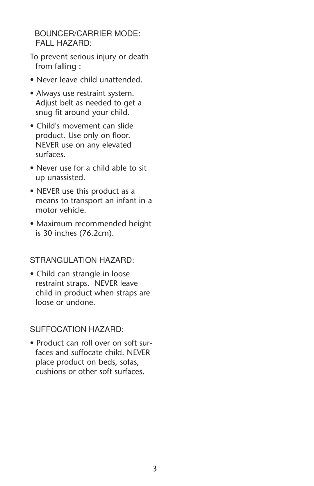 Graco PD150904A owner manual BOUNCER/CARRIER Mode Fall Hazard, Suffocation Hazard 