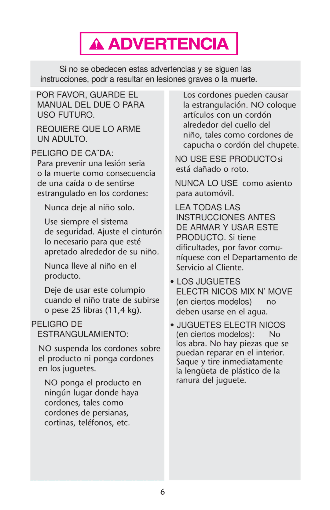 Graco PD150904A owner manual Peligro DE Estrangulamiento 