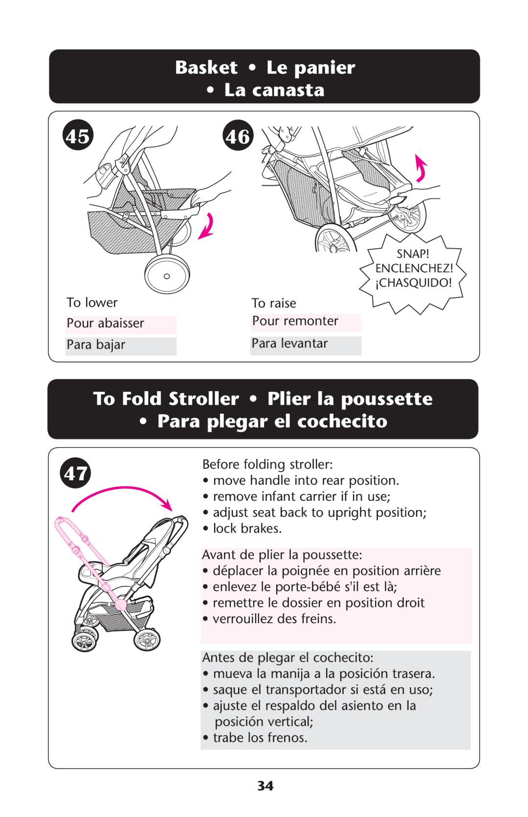 Graco PD152642A 6/10 owner manual Basket Le panier La canasta, To Fold Stroller Plier la poussette Para plegar el cochecito 