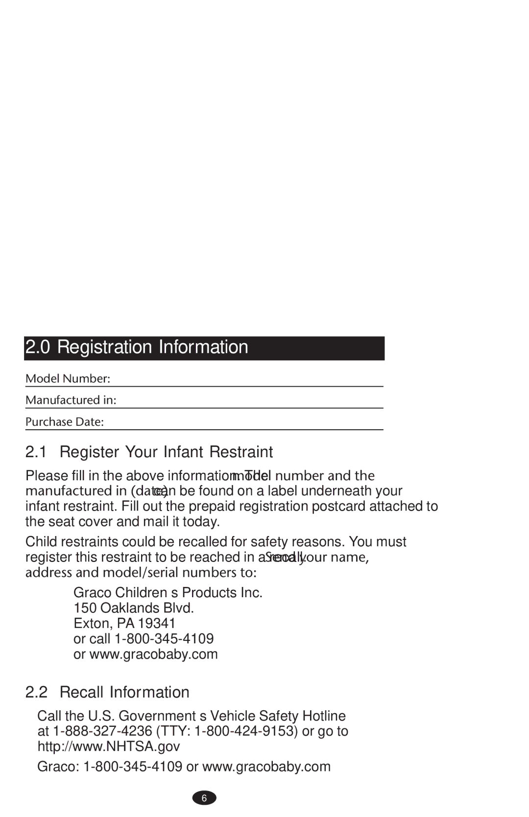 Graco PD152642A 6/10 owner manual Registration Information, Register Your Infant Restraint, Recall Information 