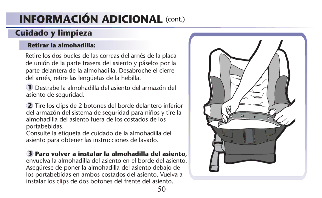 Graco PD156938B owner manual Cuidado y limpieza, Retirar la almohadilla 