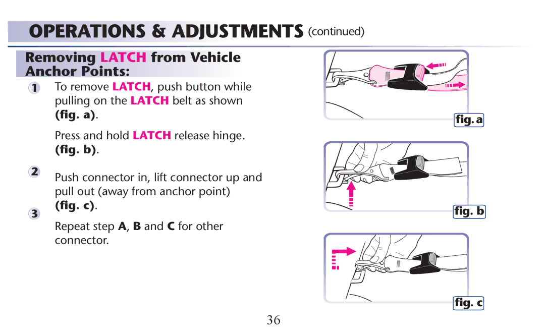 Graco PD156938B owner manual Removing Latch from Vehicle Anchor Points, ﬁg. b ﬁg. c 