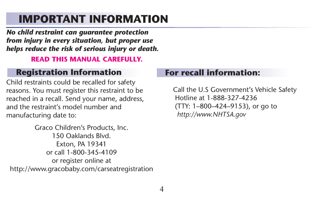 Graco PD156938B owner manual Important Information, For recall information 