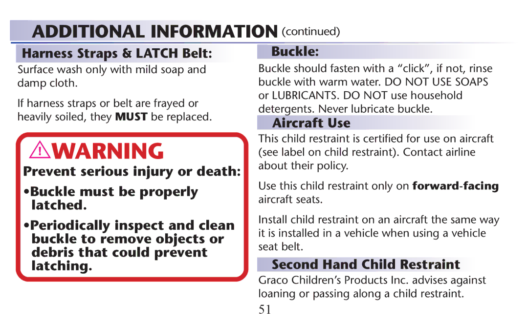 Graco PD156938B owner manual Harness Straps & Latch Belt, Aircraft Use, Second Hand Child Restraint 