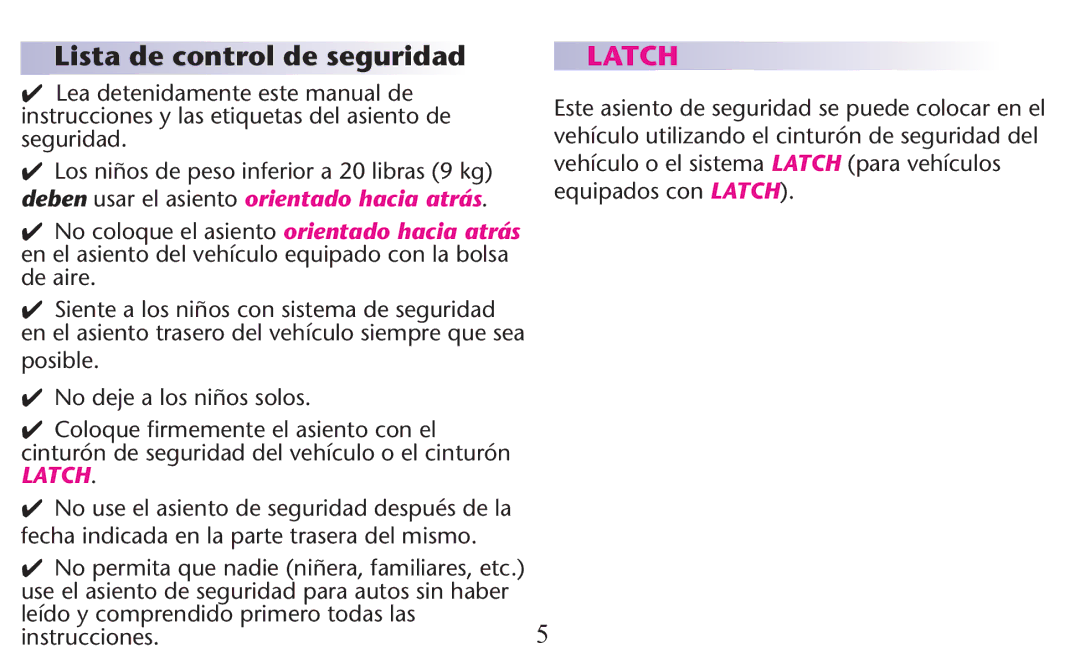 Graco PD156938B owner manual Lista de control de seguridad, Latch 