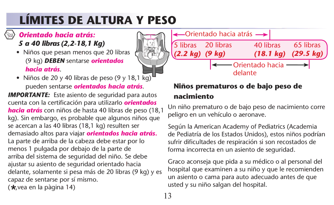 Graco PD156938B owner manual Límites DE Altura Y Peso, Orientado hacia atrás 