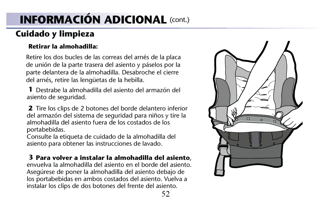 Graco PD156938C owner manual Cuidado y limpieza, Retirar la almohadilla 