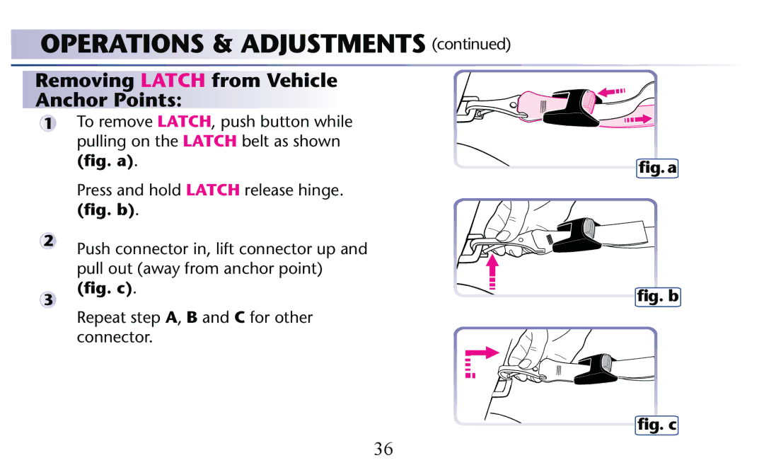 Graco PD156938C owner manual Removing Latch from Vehicle Anchor Points, ﬁg. b ﬁg. c 