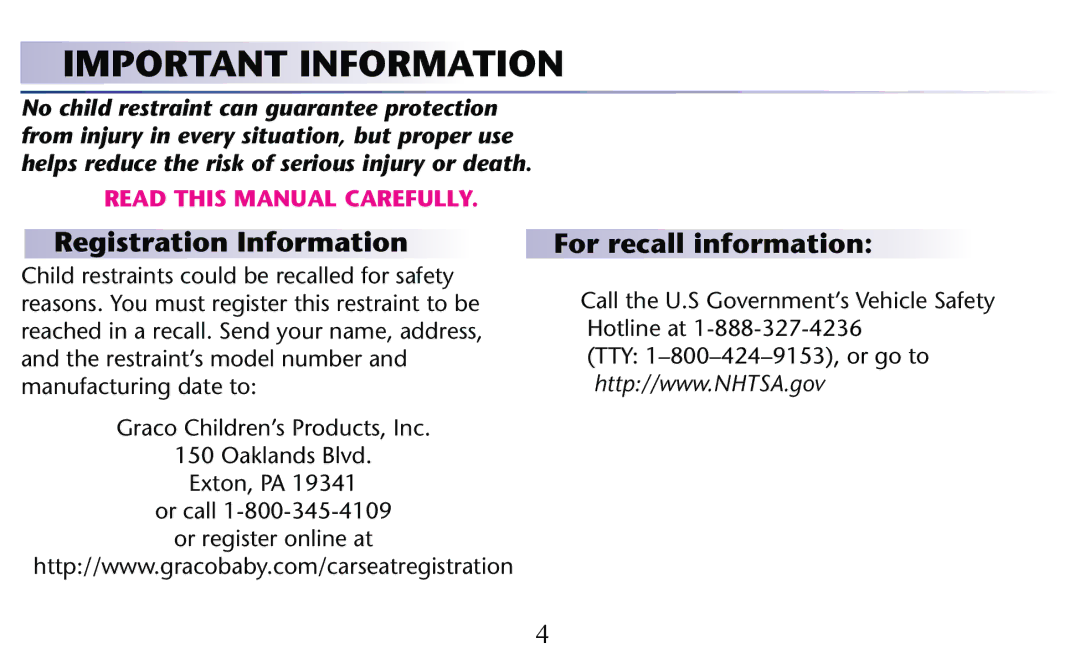 Graco PD156938C owner manual Important Information, For recall information 