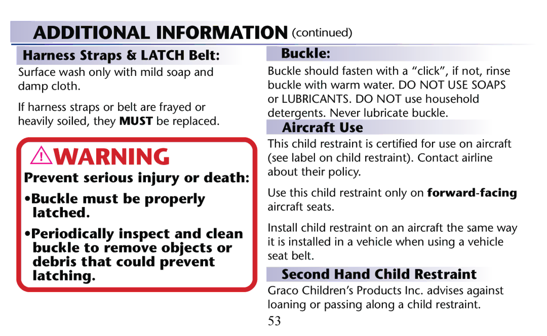 Graco PD156938C owner manual Harness Straps & Latch Belt, Aircraft Use, Second Hand Child Restraint 