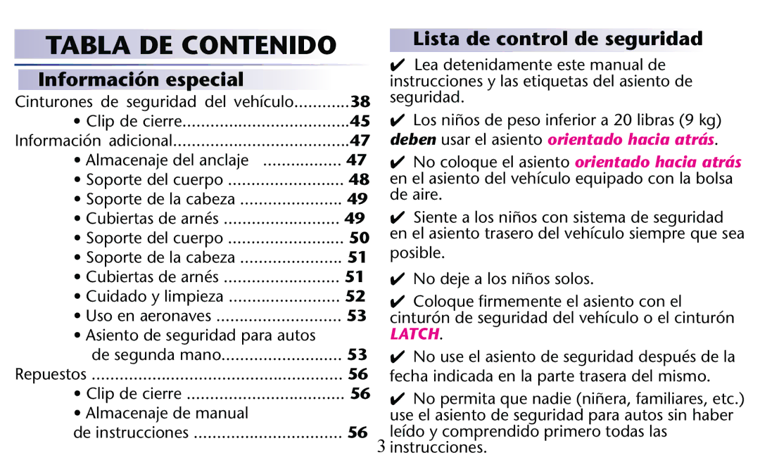 Graco PD156938C owner manual Información especial, Lista de control de seguridad 