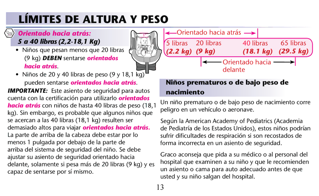 Graco PD156938C owner manual Límites DE Altura Y Peso, Orientado hacia atrás 