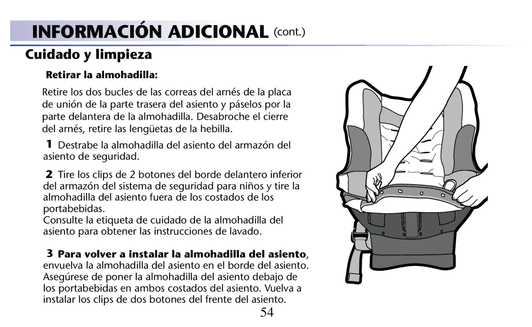 Graco PD156938D owner manual Cuidado y limpieza, Retirar la almohadilla 