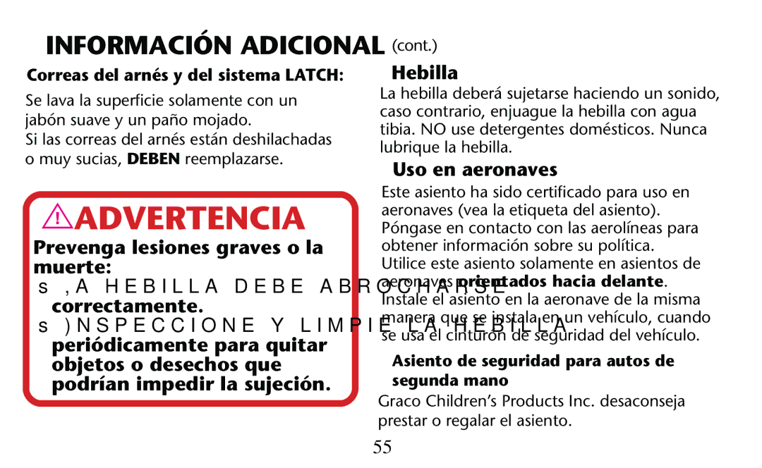 Graco PD156938D Prevenga lesiones graves o la muerte, Uso en aeronaves, Este asiento ha sido certiﬁcado para uso en 