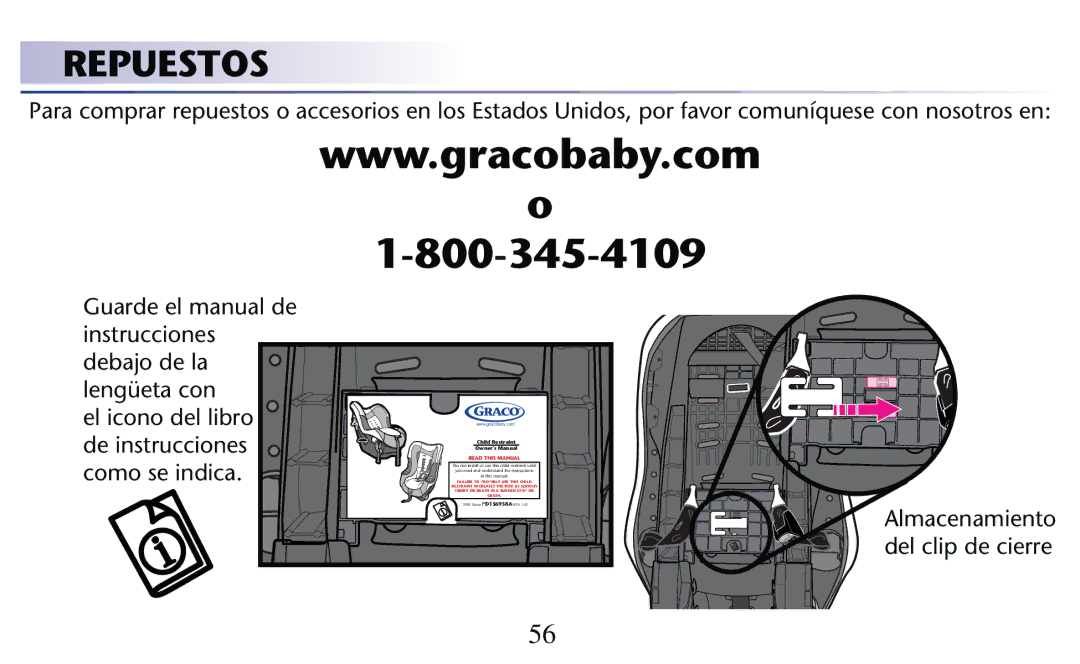 Graco PD156938D owner manual Repuestos, Como se indica, Almacenamiento del clip de cierre 