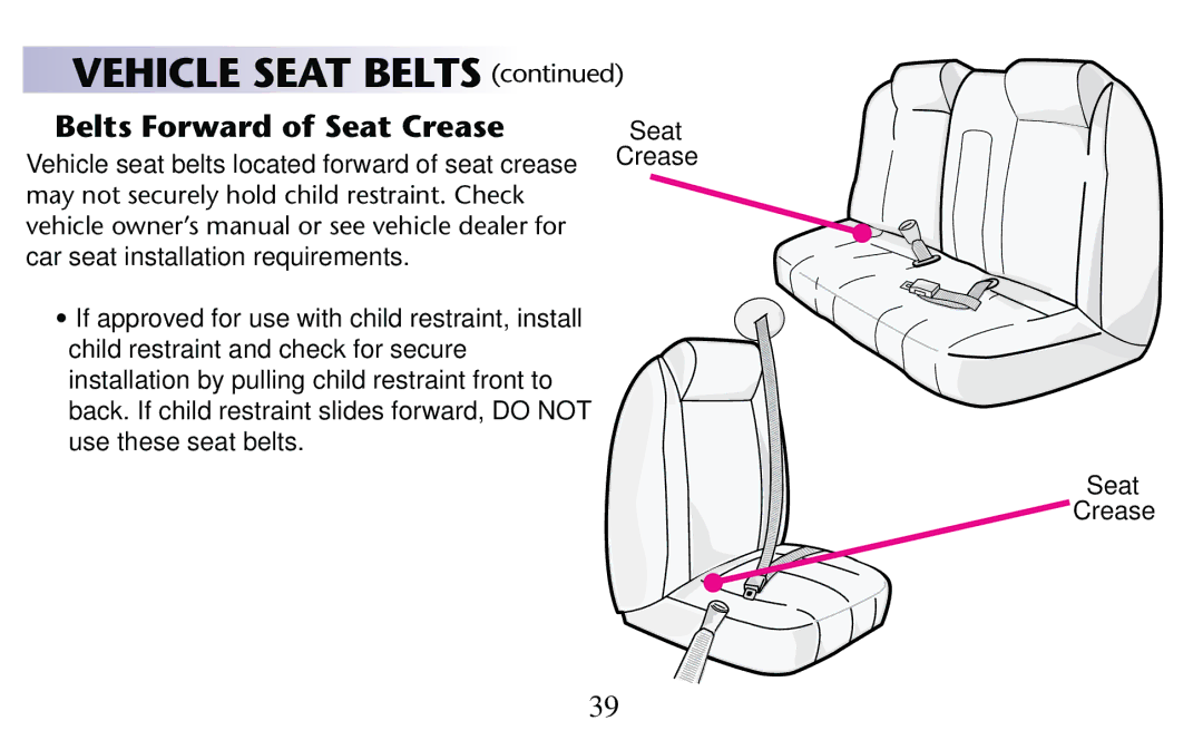 Graco PD156938D owner manual Belts Forward of Seat Crease, Vehicle seat belts located forward of seat crease 