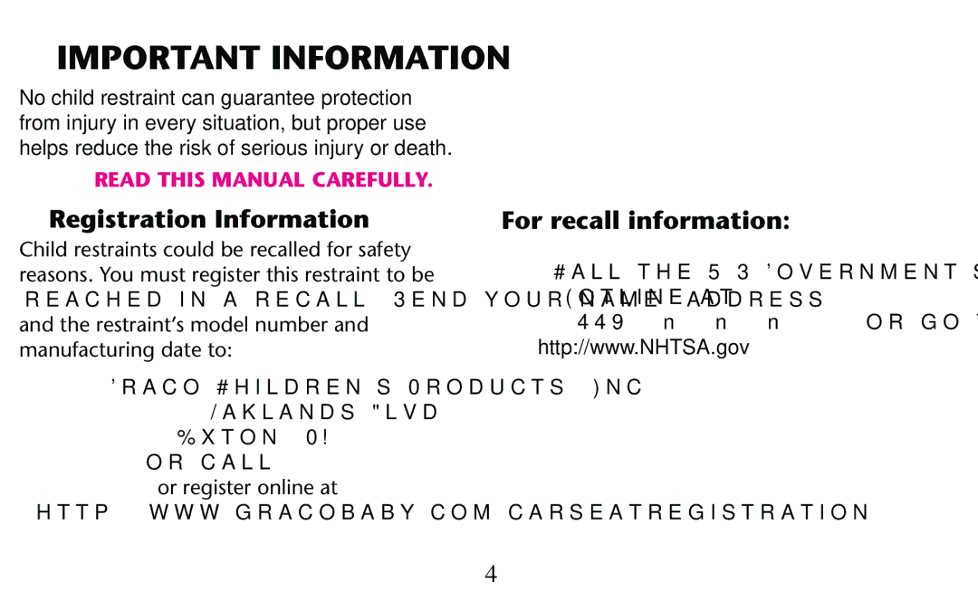 Graco PD156938D owner manual Important Information, For recall information, Or CALLC Or register online at 