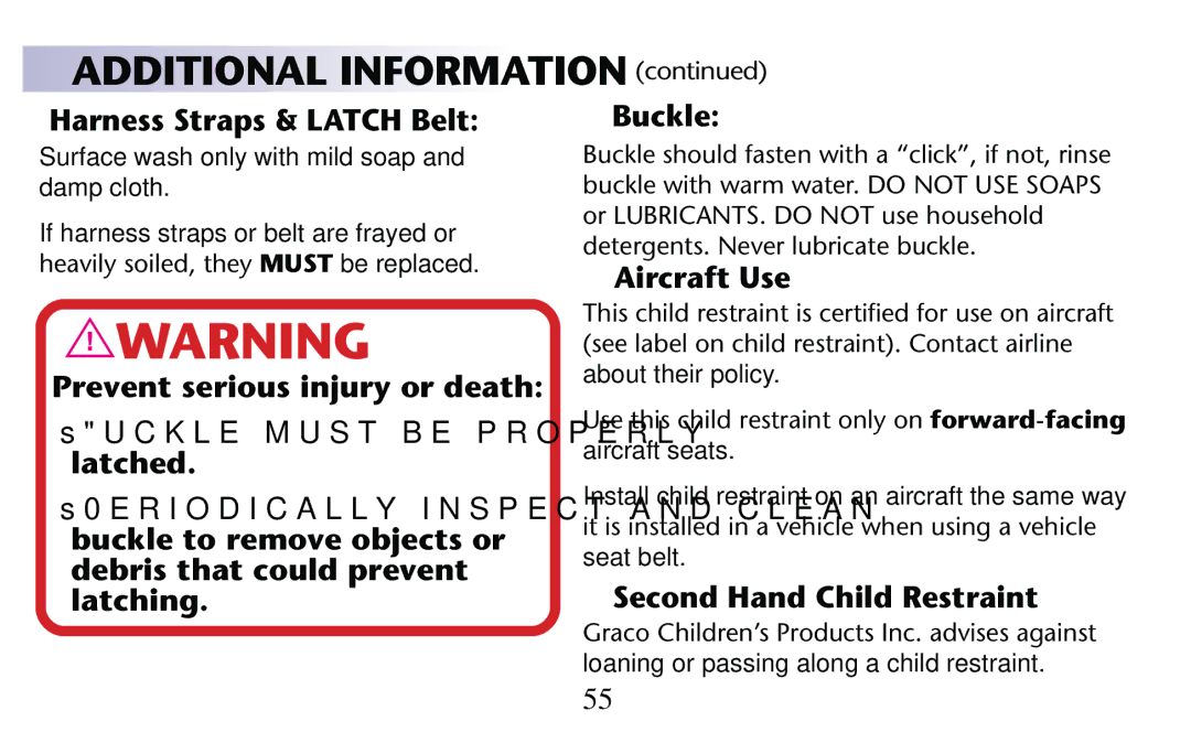 Graco PD156938D owner manual Harness Straps & Latch Belt, Aircraft Use, Second Hand Child Restraint 