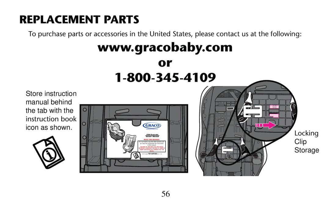 Graco PD156938D owner manual Replacement Parts, Ocking, Clip Storage 