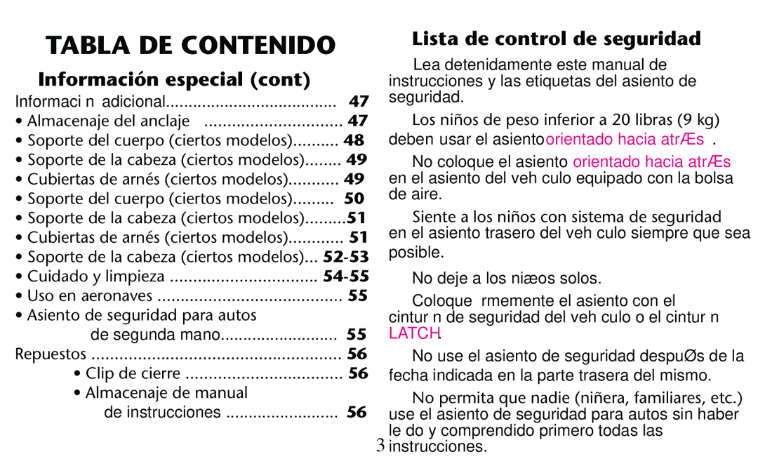 Graco PD156938D Lista de control de seguridad, Información adicional, Ss!SIENTOIDE Seguridad Parasautos De segunda mano 