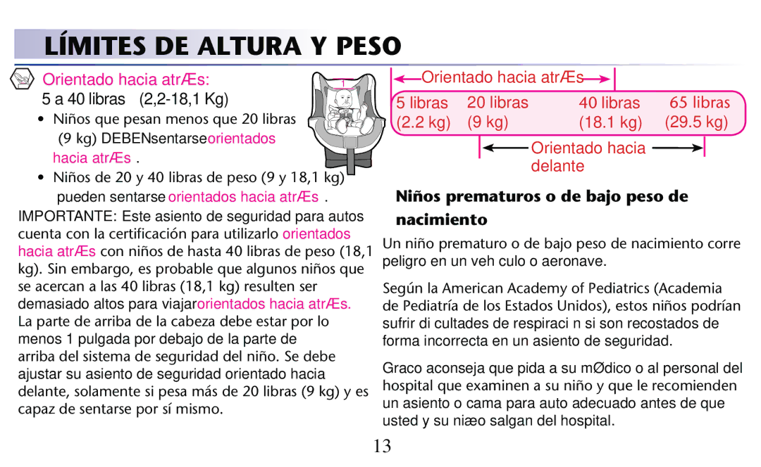 Graco PD156938D owner manual Límites DE Altura Y Peso, Orientado hacia atrás 