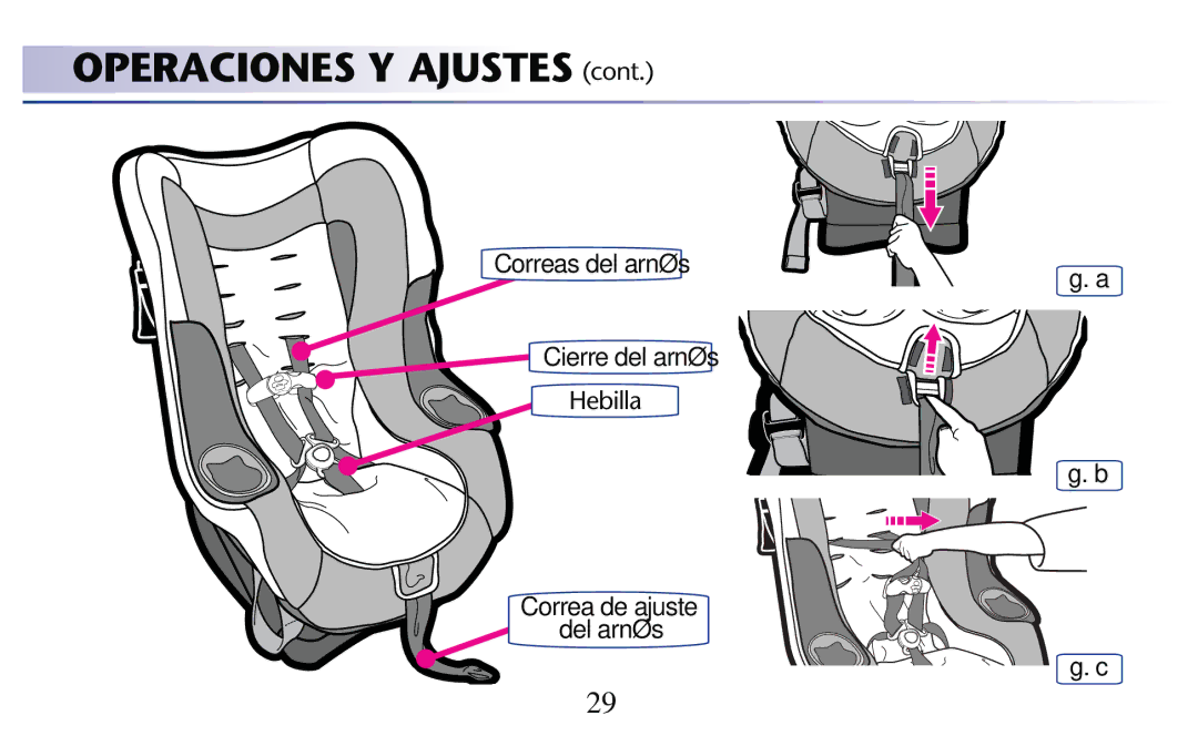 Graco PD156938D owner manual Operaciones Y Ajustes CONT, Correas del arnés ﬁg. a Cierre del arnés 