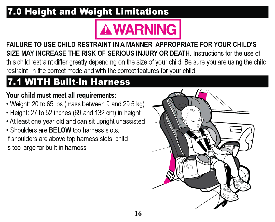 Graco PD158114A manual +HLJKWDQG HLJKW/L Lwdwlrqv,  ,7+%XLOW,Q+DUQHVV, RxuFklogPxvwPhhwDooUhtxluhphqwv 