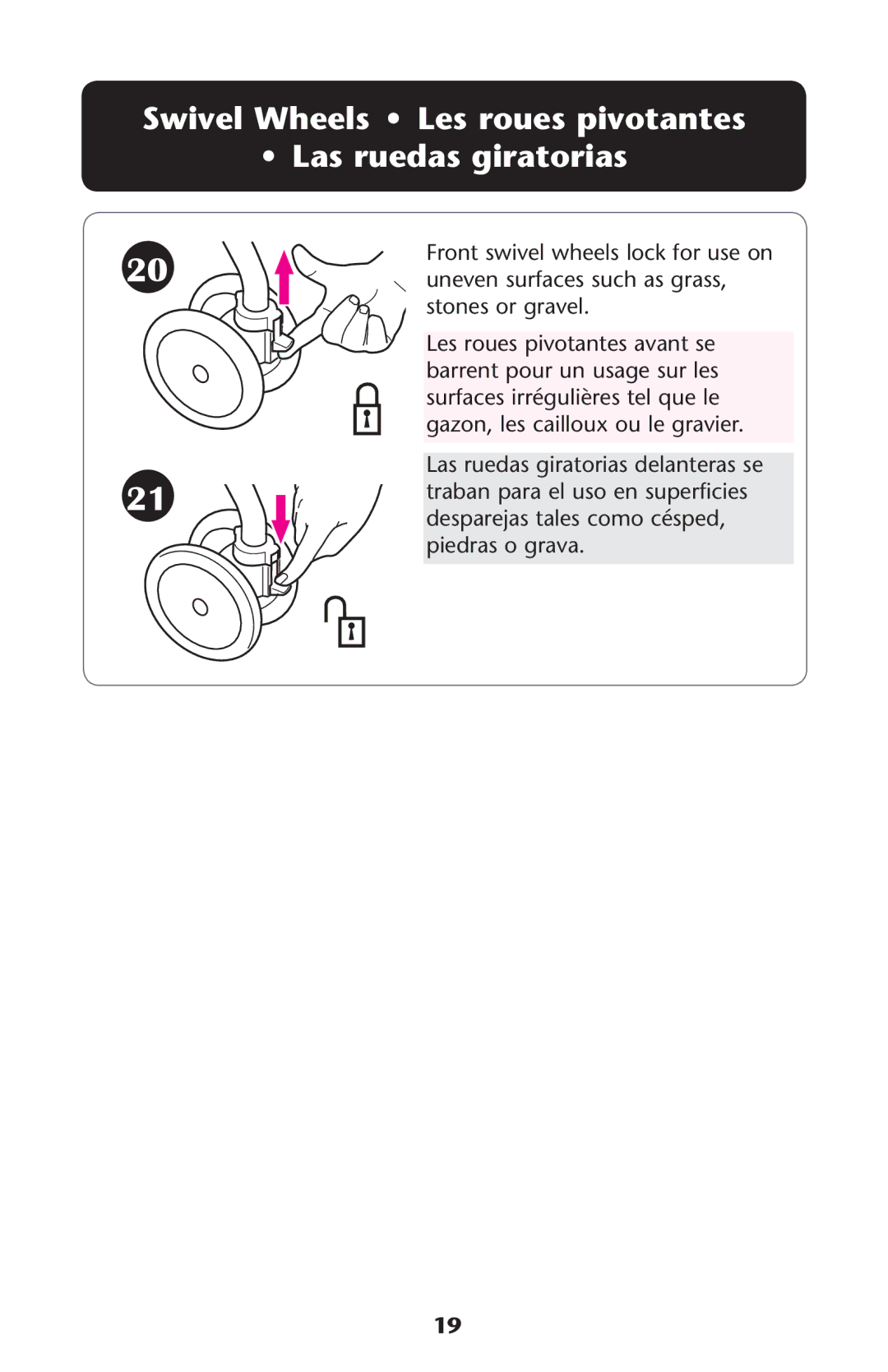 Graco PD159939A owner manual Swivel Wheels Les roues pivotantes Las ruedas giratorias 