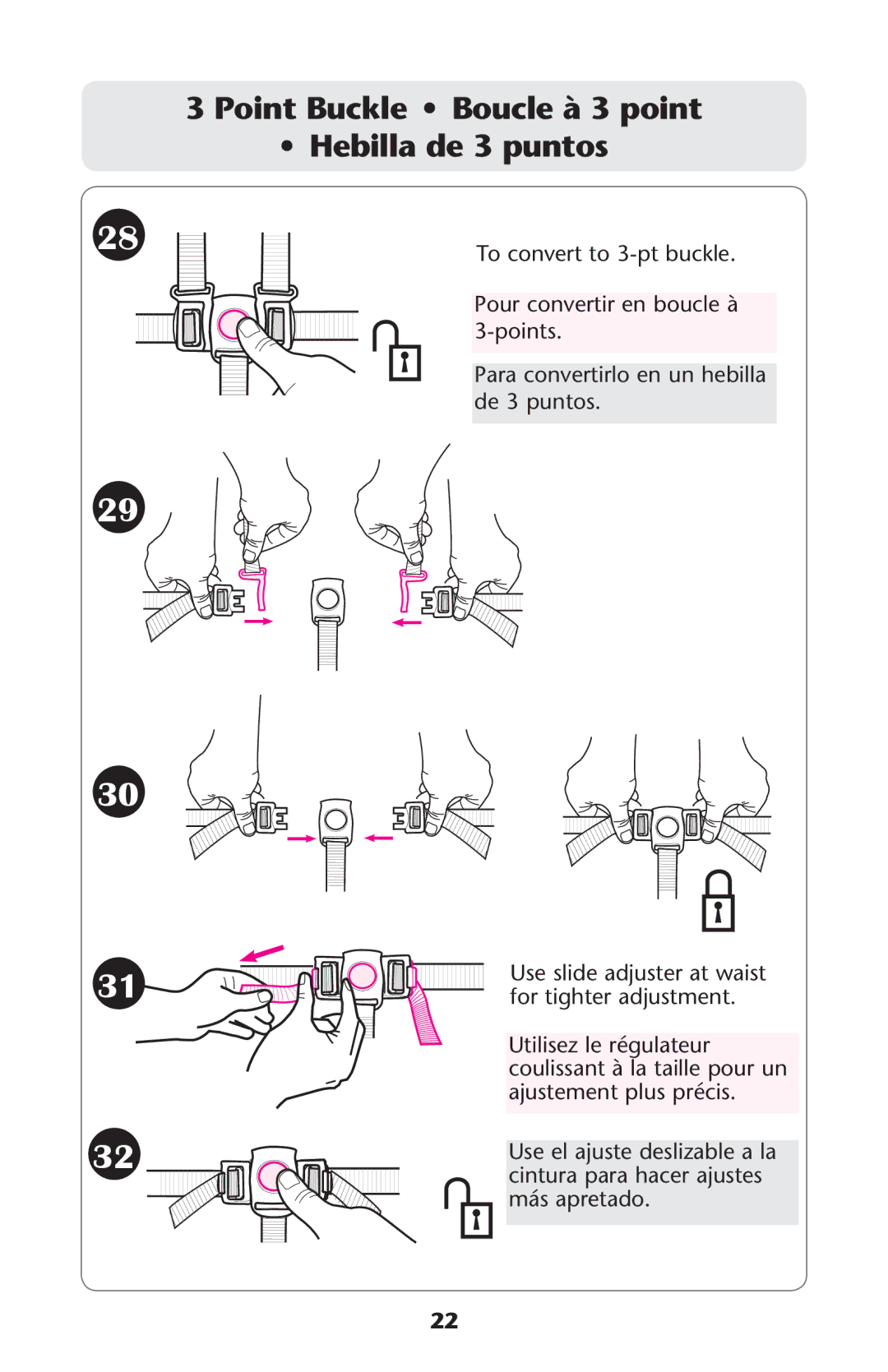 Graco PD159939A owner manual Point Buckle Boucle à 3 point Hebilla de 3 puntos 