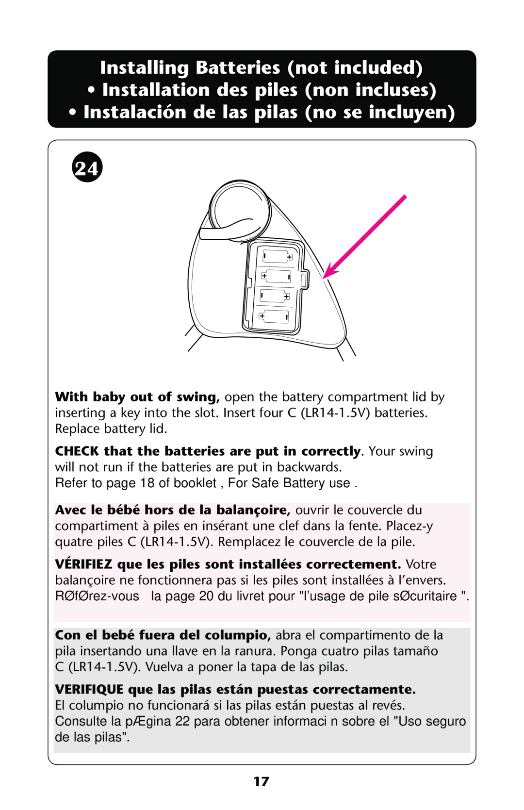 Graco PD160214A owner manual Refer to page 18 of booklet, For Safe Battery use 