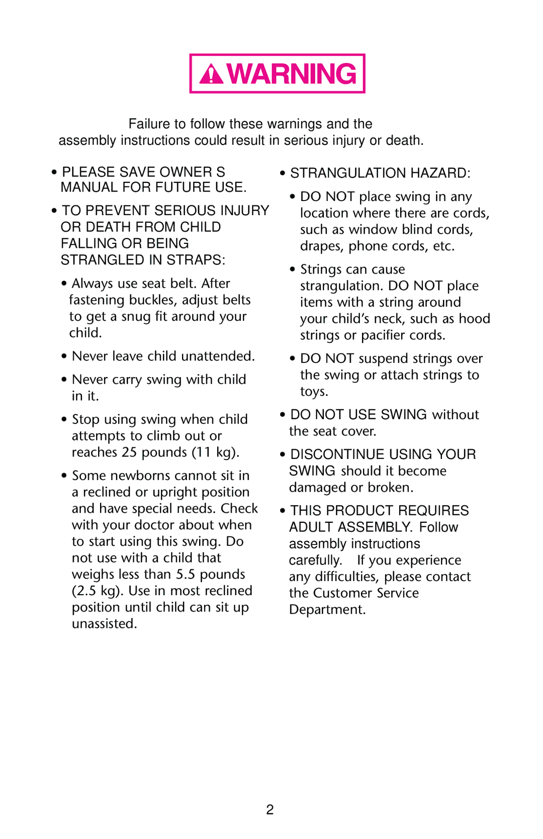 Graco PD160214A owner manual Strangulation Hazard 