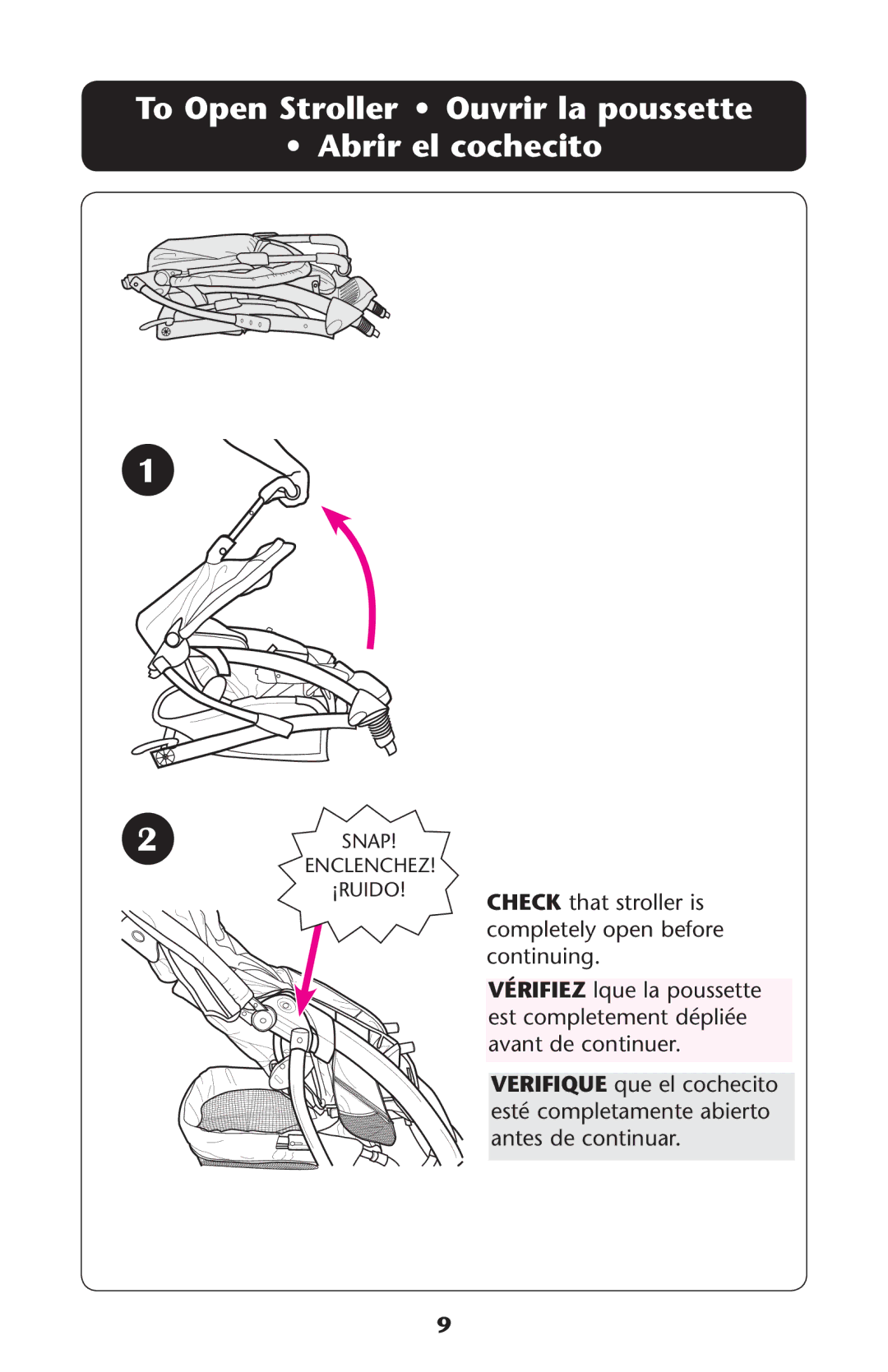 Graco PD161906A owner manual To Open Stroller Ouvrir la poussette Abrir el cochecito 