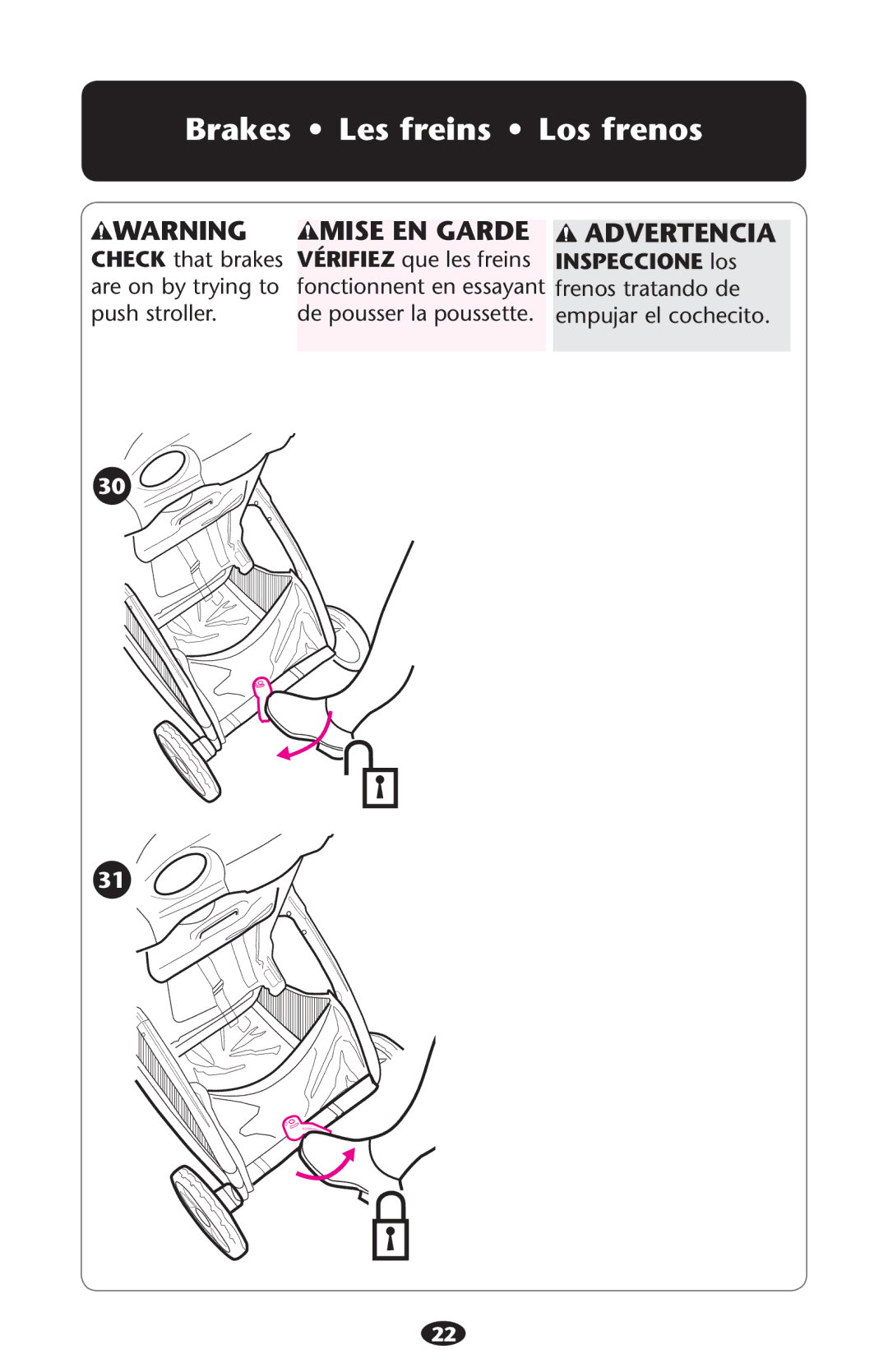 Graco PD161945A owner manual Brakes Les freins Los frenos, Advertencia 