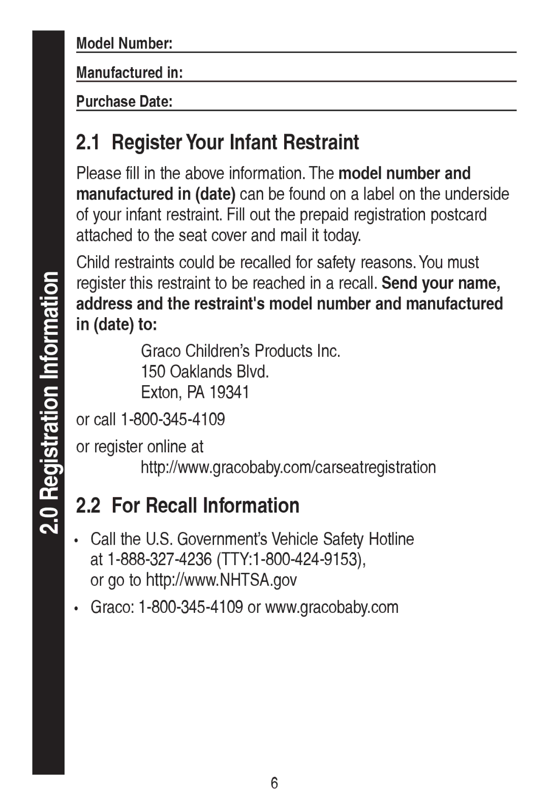 Graco PD161945A owner manual RU5HFDOO,QIRUPDWLRQ,  *UDFR&KLOGUHQ¶V3URGXFWV,QF, RuUhjlvwhuRqolqhDw 