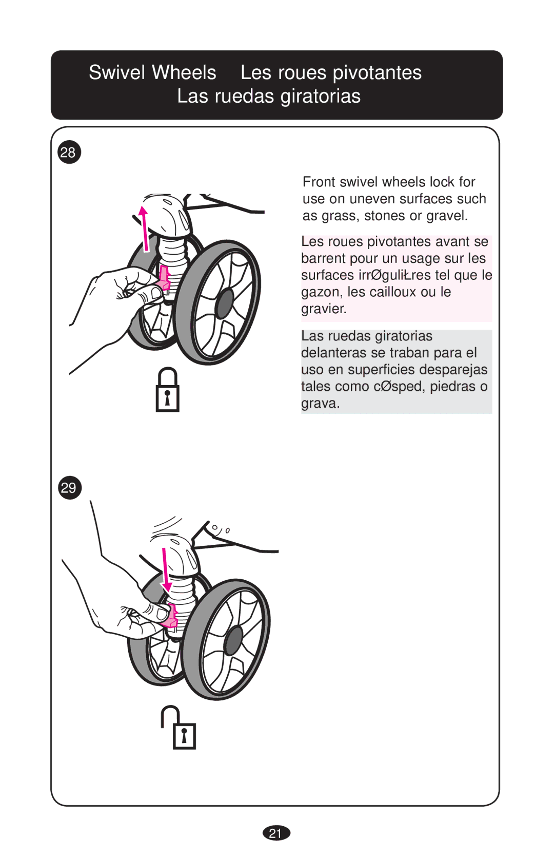 Graco PD161945A owner manual Swivel Wheels Les roues pivotantes Las ruedas giratorias 