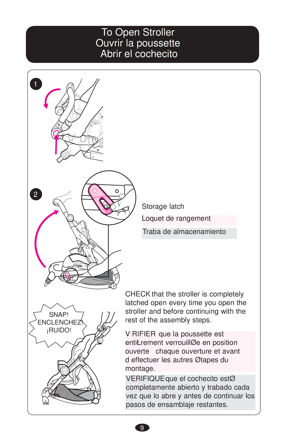 Graco PD161945A owner manual To Open Stroller Ouvrir la poussette Abrir el cochecito 