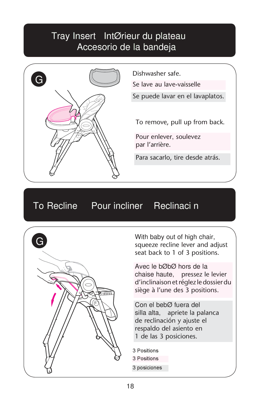 Graco PD162118B manual Tray Insert Intérieur du plateau Accesorio de la bandeja, To Recline Pour incliner Reclinación 