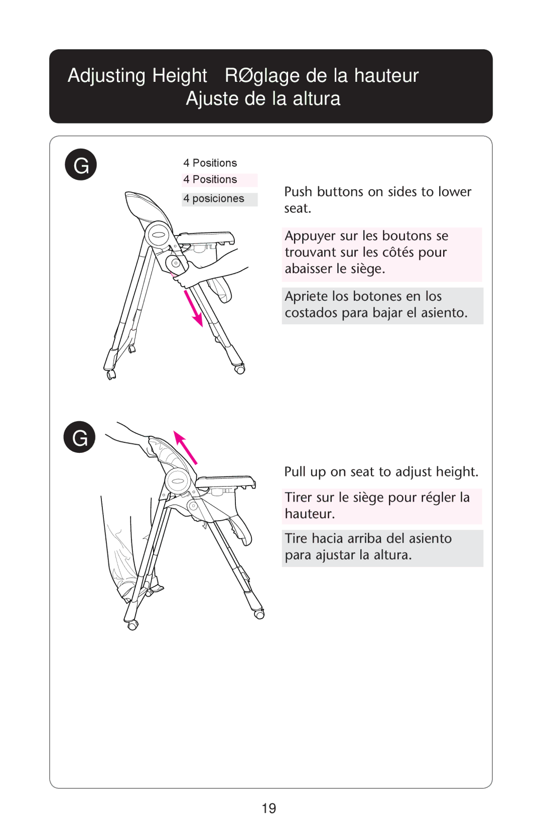 Graco PD162118B manual Adjusting Height Réglage de la hauteur Ajuste de la altura 