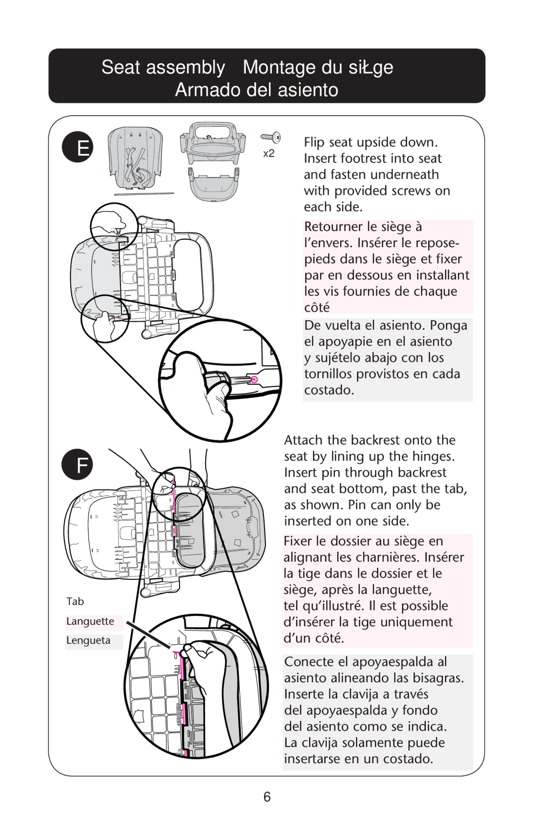 Graco PD162118B manual Seat assembly Montage du siège Armado del asiento 